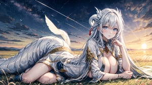 white dragon, white skin, life-size-body, dragon girl, full-length_portrait, night sky, sunset, grass, scenery, highres, high quality, highly detailed, Detailedface, sexy, big boobs, 
