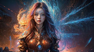 (masterpiece, top quality, best quality, official art, beautiful and aesthetic:1.2), (1girl), extreme detailed,(abstract, fractal art:1.3),colorful hair,highest detailed, detailed_eyes, fire, water, ice, lightning, light_particles, ghost,