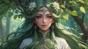 {(Closeup of the {{martial artist dryad}}, wearing a {dryad styled hanfu}, {ponytal leaf colored and themed hair}, training in the middle of the forest close to the tree of life:1.5)}, {(best quality impressionist masterpiece:1.5)}, (ultra detailed face, ultra detailed eyes, ultra detailed mouth, ultra detailed body, ultra detailed hands, detailed clothes), (immersive background + detailed scenery), {symmetrical intricate details + symmetrical sharpen details}, {(aesthetic details + beautiful details + harmonic details)}