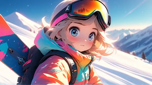best quality, masterpiece, beautiful and aesthetic, vibrant color, Exquisite details and textures,  Warm tone, ultra realistic illustration, (Snowboard  theme:1.4),  cute eyes, small eyes,	(a curious look:1.2),	cinematic lighting, ambient lighting, sidelighting, cinematic shot,	siena natural ratio, children's body, anime style, 	head to toe, short curly blonde hair, cute Snowboard boy's Uniforms, Ski goggles, Snowboard, ultra hd, realistic, vivid colors, highly detailed, UHD drawing, perfect composition, beautiful detailed intricate insanely detailed octane render trending on artstation, 8k artistic photography, photorealistic concept art, soft natural volumetric cinematic perfect light. 