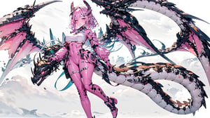 1girl, solo, breasts, looking at viewer, short hair, dress, medium breasts, tail, full body, pink hair, ahoge, wings, horns, pink eyes, bodysuit, pink dress, dragon tail, mecha musume, mechanical wings, mechanical tail, big boobs