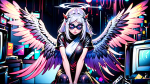 1girl, solo, hair ornament, dress, sitting, white hair, short sleeves, heart, wings, indoors, halo, feathered wings, angel wings, angel, hands on own face, television, monitor,