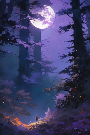 On a full moon night in a supernatural forest, Metallic_Vexing_Violet_color, magic, soft lighting, sharp focus, by Marc Simonetti & yoji shinkawa & wlop & james jean, paint drops, rough edges, trending on artstation, studio photo, intricate details, highly detailed, moonrays, detailed brushwork, illustration, epic perfect composition, energetic, dan mumford and anna dittmann