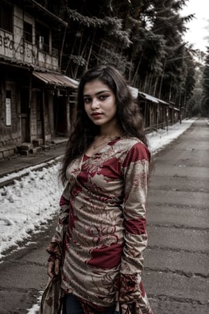 lovely cute young attractive indian teenage girl, village girl, 20 years old, cute, an instagram model, long blonde_hair, colorfull hair, winter, standing on road, indian