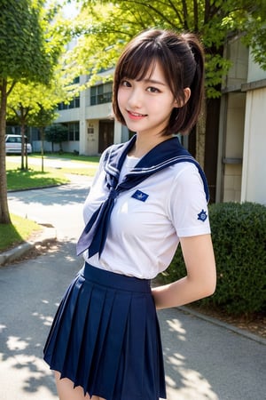 1girl,((Natural Portrait)),(Top Quality, Masterpiece), Realistic, Ultra High Resolution, Complex Details, Exquisite Details and Texture, Realistic, Beauty, japanese cute girl,14-year-old,bangs,a little smiles,Thin and Long Body, medium breasts, sailor white shirt,Summer_School Uniform, no panties, ((school navy blue ultra micro mini skirt:1.2)),lift the skirt, show your pussy and Virginia, (short hair), ponytail,round face,cxxsomi, on street, autumn, ,acjc,sgrean,(white panties),(intricate panties:1.2),front view,((cowboy Shot)),high_school_girl
mini skirt, (skirt lift:1.3), (from bottom:1.3)