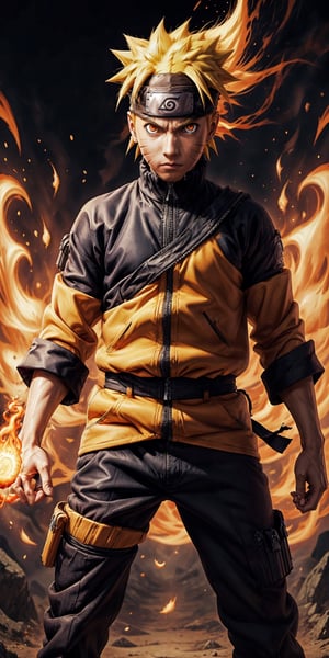 Imagine a breathtaking image featuring Naruto Uzumaki in his iconic outfit with yellow hair, red eyes, and a ninja headband. Visualize him using fireball magic against a meticulously detailed background. Request a 32k HD high-quality image that captures every intricate detail, ensuring perfection in his face, eyes, hands, fingers, legs, footwear, and outfit. Aim for a visual masterpiece that showcases the essence of Naruto in an extraordinary and highly detailed composition.,n4rut0