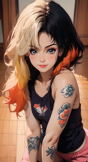 ruka25, two-tone hair, makeup, tattoo, triplefold, flexible, score_9, score_8_up, score_7_up, source_anime