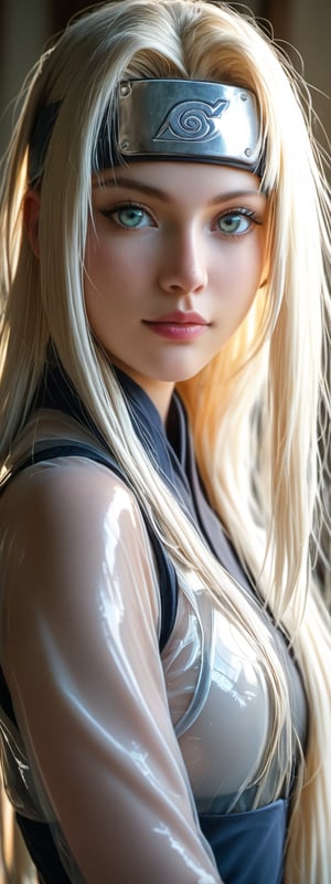 realistic style, photo, soft lighting,((white blond hair))  dimension, details, score_9, score_8_up, score_7_up,  1 girl, hinata, black hair, white eyes, naruto_(series),   big brest, very long hair, konoha, head protector, transparent bodysuit, 