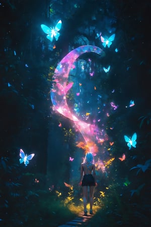 Cinematic of fairy girl, cool_vibe, small_nose, (范冰冰), realistic artwork, high detailed, professional, upper body photo of a transparent porcelain cute creature, with glowing backlit panels, anatomical plants, dark forest, grainy, shiny, with vibrant colors, colorful, ((realistic skin)), glow surreal objects floating, ((floating:1.4)), contrasting shadows, photographic, niji style, 1girl, xxmixgirl, FilmGirl, aura_glowing, colored_aura, Movie Still, final_fantasy_vii_remake, ((big_breast:1.1)), transparent_butterflies are part of her body,aw0k euphoric style