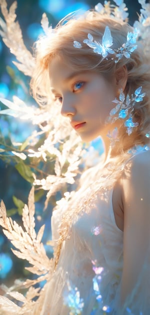 Cinematic of fairy girl, Ancient Greece, Athenian Dynasty 2, talented young girl, bright blue eyes, passionate and determined, flowing blonde and radiant hair, dancing in a grand amphitheater, summer, ornate decorations, professional golden lighting, tilted frame, magnification, high detail, cool_vibe, small_nose, realistic artwork, high detailed, professional, upper body photo of a transparent porcelain cute creature, with glowing backlit panels, anatomical plants, grainy, shiny, with vibrant colors, colorful, ((realistic skin)), glow surreal objects floating, ((floating:1.4)), contrasting shadows, photographic, niji style, 1girl, xxmixgirl, FilmGirl, aura_glowing, colored_aura, Movie Still, beautiful  eyes, final_fantasy_vii_remake, ((big_breast:1.1)), white clothing,  ((depth_of_field))