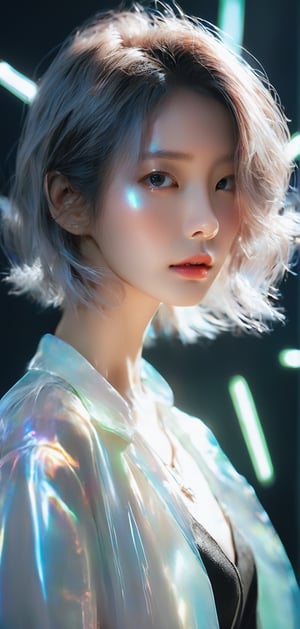 Cinematic of fairy girl, photography, Envision a forward-thinking Korean her 20s, with an air of confidence and creativity, She sports a modern, asymmetrical haircut and wears a structured, a neat hairstyle, neutral-toned jacket with comfortable yet stylish trousers. The composition is set in a minimalist studio, with dynamic lighting that casts a halo effect, emphasizing her role as an innovator, photo studio background, studio lights, cool_vibe, small_nose, realistic artwork, high detailed, professional, upper body photo of a transparent porcelain cute creature, with glowing backlit panels, anatomical plants, grainy, shiny, with vibrant colors, colorful, ((realistic skin)), glow surreal objects floating, ((floating:1.4)), contrasting shadows, photographic, niji style, 1girl, xxmixgirl, FilmGirl, aura_glowing, colored_aura, Movie Still, beautiful  eyes, final_fantasy_vii_remake, ((big_breast:1.1)),  ((depth_of_field))