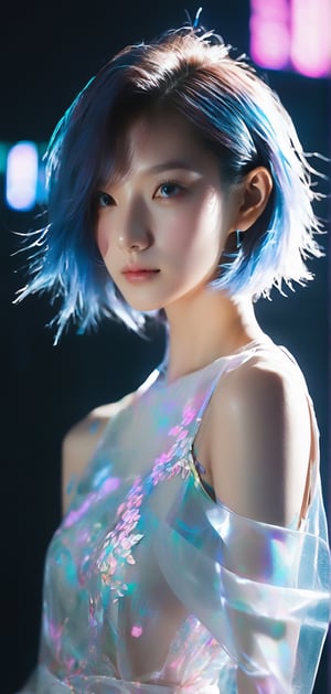 Cinematic of a cyberpunk girl, night aesthetics photography, Envision a forward-thinking Korean her 20s, with an air of confidence and creativity, She sports a modern, asymmetrical haircut and wears a structured, a neat hairstyle, transparent dress with comfortable yet stylish trousers. The composition is set in a minimalist studio, with dynamic lighting that casts a halo effect, emphasizing her role as an gamer, photo studio dark background, studio lights, cool_vibe, small_nose, realistic artwork, high detailed, professional, upper body photo of a transparent porcelain cute creatur, colorful, ((realistic skin)), contrasting shadows, photographic, niji style, 1girl, xxmixgirl, FilmGirl, aura_glowing, colored_aura, Movie Still, beautiful  eyes, final_fantasy_vii_remake, ((big_breast:1.1)),  ((depth_of_field)), Beautiful, neo Tokyo. Gorgeous sakura petals are flying through the wind
