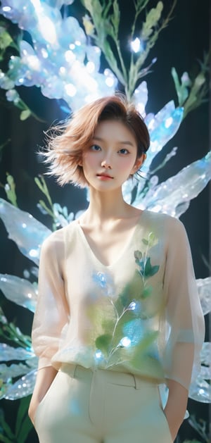 Cinematic of fairy girl, photography, Envision a forward-thinking Korean her 20s, with an air of confidence and creativity, She sports a modern, asymmetrical haircut and wears a structured, a neat hairstyle, neutral-toned jacket with comfortable yet stylish trousers. The composition is set in a minimalist studio, with dynamic lighting that casts a halo effect, emphasizing her role as an innovator, photo studio background, studio lights, cool_vibe, small_nose, realistic artwork, high detailed, professional, upper body photo of a transparent porcelain cute creature, with glowing backlit panels, anatomical plants, grainy, shiny, with vibrant colors, colorful, ((realistic skin)), glow surreal objects floating, ((floating:1.4)), contrasting shadows, photographic, niji style, 1girl, xxmixgirl, FilmGirl, aura_glowing, colored_aura, Movie Still, beautiful  eyes, final_fantasy_vii_remake, ((big_breast:1.1)),  ((depth_of_field))