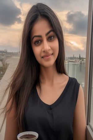 beautiful indian girl, good looking, neither slim nor fatty, 25 year old, stands in balcony, sea, clouds in sky, beautiful face, beautiful face, most beautiful face, natural looking, natural realistic skin, lips some bigger than normal, cheeks bigger than normal size, big eyelids, kajal in eyes, open hairs, 