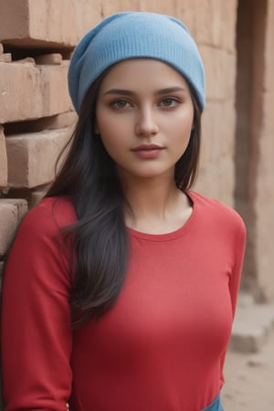 (8K, Raw-Photo, Top Quality, ​masterpiece: 1.1), 1girl, yound beautiful Indian girl, Indian white face without makeup, film, photography realism, smooth skin, ultra hd, 20 year old,proper breasts ,pretty face, attractive body shape, realistic ,1 girl, white sheath with blue jeans_dress , looking gorgeous,shot with Canon EOS R5, 85mm lens,full body view , she is near indian broken wall bricks , looking one side, face toward one side, super realistic, close view, one hand taking selfie that is not appears, picture is which is captured by herself as selfie,unmarried fashion,village view, head covered with winter cap, 