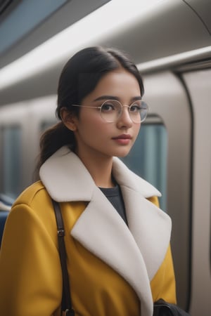 (8K, Raw-Photo, Top Quality, ​masterpiece: 1.1), 1girl, yound beautiful Indian girl, Indian white face without makeup, film, photography realism, smooth skin, ultra hd, 20 year old,proper breasts ,pretty face, attractive body shape, realistic ,1 girl,designer light grey coat_dress,goggles yellow transparent, looking gorgeous,shot with Canon EOS R5, 85mm lens,full body view , she is in metro train, only, looking one side, face toward window, another  person's only fingers touching her shoulder, super realistic, close view, one hand taking selfie that is not appears, picture is which is captured by herself as selfie,unmarried fashion, 