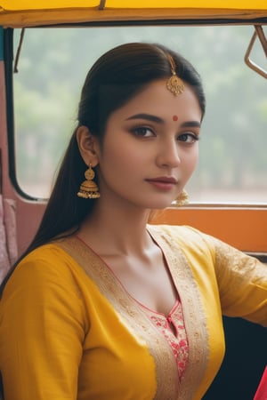 (8K, Raw-Photo, Top Quality, ​masterpiece: 1.1), 1girl, yound beautiful Indian girl, Indian white face without makeup, film, photography realism, smooth skin, ultra hd, 20 year old,proper breasts ,pretty face, attractive body shape, realistic ,1 girl,designer light yellow salwar suit_dress with dupatta_blue, looking gorgeous,shot with Canon EOS R5, 85mm lens,full body view , she is in indian auto riksha , looking one side, face toward side road, another  person's only fingers touching her shoulder, super realistic, close view, one hand taking selfie that is not appears, picture is which is captured by herself as selfie,unmarried fashion, 