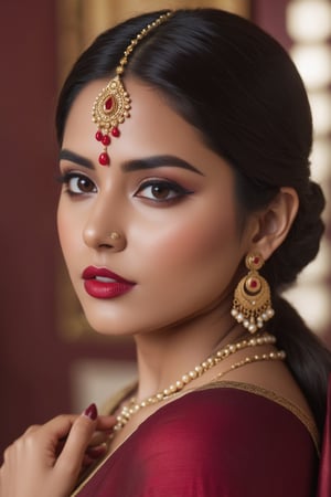 (8K, Raw-gif Photo, Top Quality, ​masterpiece: 1.1), 1girl, yound beautiful Indian girl, Indian white face without makeup, film, photography realism, smooth skin, ultra hd, 20 year old,proper breasts ,pretty face, attractive body shape, realistic ,1 girl, looking gorgeous, maroon color sheath full breasts covered, dupatta on head,looking viewers, one sided view, beautiful red lipstic, koka on nose, sitting on beautiful chair, half face covered with own hand, beautiful nail polish,