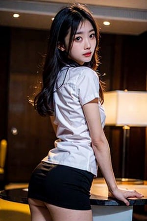 BEST QUALITY, (RIM LIGHT, SOFT TONE), 8K, (PHOTOREALISTIC), ASIAN GIRL, 20-YEAR-OLD, (DEPTH OF FIELD), (SHINY SKIN), (DETAILED EYES), (SMALL BREAST), (NSFW), BEAUTIFUL GIRL, YOUNG GIRL, SHE LEAN AND SLENDER BODY, (DELICATE HANDS AND FINGERS:1.2), (WHITE SHIRT SHORT SLEEVES, BLACK SKIRT), (BLACK SKIRT), LIFTING SKIRT FROM BACK, RANDOM SEXY POSE, BEND OVER, (LIE FACE DOWN AND STICK YOUR BUTT OUT TOWARDS THE CAMERA, LEGS FULLY OPEN, FROM BEHIND SHE IS POSING FOR A PHOTO SHOOT, LOOKING INTO THE CAMERA, (VIEW FROM BELOW), LUXURY HOTEL LOUNGE BACKGROUND