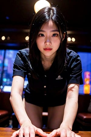 BEST QUALITY, (RIM LIGHT, SOFT TONE), 8K, (PHOTOREALISTIC), ASIAN GIRL, 20-YEAR-OLD, (DEPTH OF FIELD), (SHINY SKIN), (DETAILED EYES), (SMALL BREAST), (NSFW), BEAUTIFUL GIRL, YOUNG GIRL, SHE LEAN AND SLENDER BODY, (DELICATE HANDS AND FINGERS:1.2), (WHITE SHIRT SHORT SLEEVES, BLACK SKIRT), (BLACK SKIRT), RANDOM SEXY POSE, BEND OVER, (LIE FACE DOWN AND STICK YOUR BUTT OUT TOWARDS THE CAMERA, LEGS FULLY OPEN, FROM BEHIND SHE IS POSING FOR A PHOTO SHOOT, LOOKING INTO THE CAMERA, (VIEW FROM BELOW), LUXURY HOTEL LOUNGE BACKGROUND