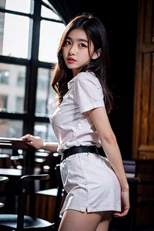 BEST QUALITY, (RIM LIGHT, SOFT TONE), 8K, (PHOTOREALISTIC), ASIAN GIRL, 20-YEAR-OLD, (DEPTH OF FIELD), (DETAILED EYES), (SMALL BREAST), (NSFW), BEAUTIFUL GIRL, YOUNG GIRL, SHE LEAN AND SLENDER BODY, (DELICATE HANDS AND FINGERS:1.2), (WHITE SHIRT SHORT SLEEVES, BLACK SKIRT), (BLACK SKIRT), LIFTING SKIRT FROM BACK, RANDOM SEXY POSE, BEND OVER, LIE FACE DOWN AND HER BUTT OUT TOWARDS THE CAMERA, LEGS FULLY OPEN, FROM BEHIND SHE IS POSING FOR A PHOTO SHOOT, LOOKING INTO THE CAMERA, (VIEW FROM BELOW), LUXURY HOTEL LOUNGE BACKGROUND