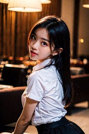 BEST QUALITY, (RIM LIGHT, SOFT TONE), 8K, (PHOTOREALISTIC), ASIAN GIRL, 20-YEAR-OLD, (DEPTH OF FIELD), (SHINY SKIN), (DETAILED EYES), (SMALL BREAST), (NSFW), BEAUTIFUL GIRL, YOUNG GIRL, SHE LEAN AND SLENDER BODY, (DELICATE HANDS AND FINGERS:1.2), (WHITE SHIRT SHORT SLEEVES, BLACK SKIRT), (BLACK SKIRT), LIFTING SKIRT FROM BACK, RANDOM SEXY POSE, BEND OVER, (LIE FACE DOWN AND STICK YOUR BUTT OUT TOWARDS THE CAMERA, LEGS FULLY OPEN, FROM BEHIND SHE IS POSING FOR A PHOTO SHOOT, LOOKING INTO THE CAMERA, (VIEW FROM BELOW), LUXURY HOTEL LOUNGE BACKGROUND