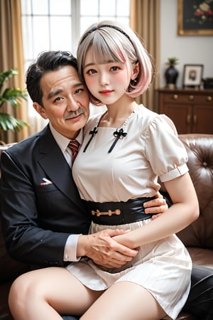 a girl aged 18-Year-Old sitting on grandpa's lap at black leather sofa, Chinese skin tone, dark brown eyes, pink short hair, detailed hair, shy face, It has a natural beauty, looking at viewer, wearing Elderly caregiver uniform, white shirt short sleeves, no stripes or prints, tight shirt, s*ductive, blushing face, she height 165cm, weight 40kg, BREAK, and a fat grandpa aged 60 grabbing a girl's waist, girl rolling eyes up, sitting in dining room, inside the luxurious hotel background, detailed background, stunning image, cinematic beautiful studio soft light, still photography in the style of a detailed hyperrealism photo shoot.,sitting on lap, score_9,score_8_up,score_7_up,source_real,
