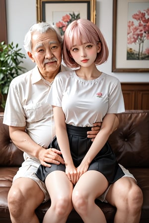 a girl aged 18-Year-Old sitting on old man's lap at black leather sofa, Chinese skin tone, dark brown eyes, pink short hair, detailed hair, shy face, It has a natural beauty, looking at viewer, wearing Elderly caregiver uniform, white shirt short sleeves, no stripes or prints, tight shirt, s*ductive, blushing face, she height 165cm, weight 40kg, BREAK, and a fat smart grandpa aged 60YO grabbing a girl's waist, girl rolling eyes up, sitting in dining room, inside the luxurious hotel background, detailed background, stunning image, cinematic beautiful studio soft light, still photography in the style of a detailed hyperrealism photo shoot.,sitting on lap, score_9,score_8_up,score_7_up,source_real,
