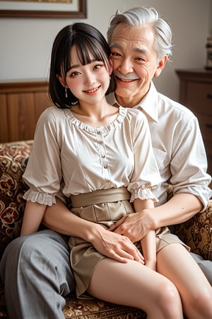 A shy, skinny teenager 18-year-old Chinese beauty sits on the lap of her elderly caregiver, Couple at surrounded by the opulence of a luxurious hotel dining room. Her dark brown eyes lock onto the viewer's as she gazes up from beneath a fringe of black hair, her cheeks flushed with a subtle blush. The chubby grandpa, aged 60, cradles her waist in his hands, his face a picture of tenderness. Soft, studio lighting casts a warm glow on their skin, accentuating every detail. The old man's uniform and the girl's fitted white shirt add to the intimate atmosphere. She sit on lap, rolling her eyes up in a playful gesture, as if teasing him with a mischievous smile., sitting on lap, score_9,score_8_up,score_7_up,source_real,rating_explicit.