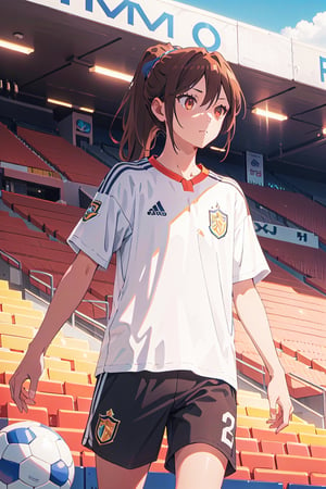 1girl,25 years old,ponytail, brown eyes, brown hair, no shadow, sport shirt, soccer short, stadium, tired look, basic background