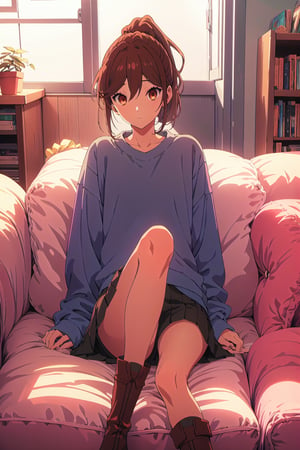 horimiya_hori,1girl ,brown eyes,
ponytail,magazine cover,modeling pose, foreground,oversized sweatshirt tucked under skirt,tight skirt,shorts under the skirt,vintage boots,leg warmers,sitting,pov_eye_contact,sofa,
hand on face,puffed sleeves,Retro,mature