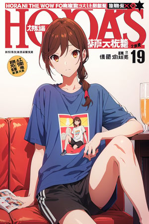 horimiya_hori,1girl ,brown eyes,
hairstyle with dreadlocks,magazine cover,modeling pose, foreground,vintage bar, sitting, oversized sports t-shirt, sports shorts, dominant