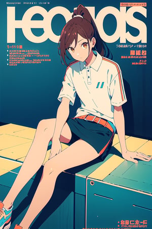 1girl,25 years old,ponytail, sportswear, 
oversized sports shirt, jean skirt, sitting ,from in front,crossed legs,
looking_at_viewer,no shadow,
serious, modeling pose, modeling, ,magazine cover,
showing her outfit, ,horimiya_hori, brown eyes, basic_background,portrait,Belted Skirt