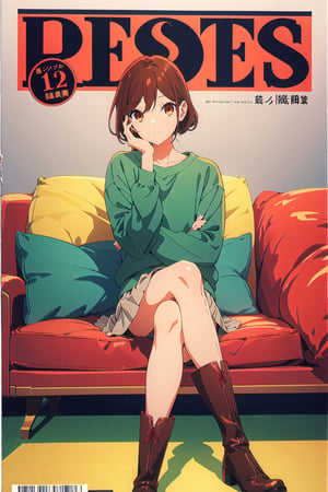 horimiya_hori,1girl ,brown eyes,
vintage hairstyle,magazine cover,modeling pose, foreground,oversized sweatshirt tucked under skirt,tight skirt,vintage boots,leg warmers,sitting,pov_eye_contact,crossed legs,sofa,
hand on face,puffed sleeves