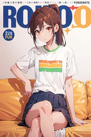 1girl,25 years old,ponytail, sportswear, 
sport t-shirt, skirt, sitting ,from in front,crossed legs,
looking_at_viewer,no shadow,
serious, modeling pose, modeling, ,magazine cover,
showing her outfit, ,horimiya_hori, brown eyes, basic_background