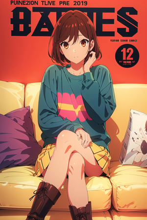 horimiya_hori,1girl ,brown eyes,
vintage hairstyle,magazine cover,modeling pose, foreground,oversized sweatshirt tucked under skirt,tight skirt,vintage boots,leg warmers,sitting,pov_eye_contact,crossed legs,sofa,
hand on face,
puffed sleeves