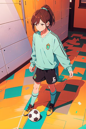 1girl,25 years old,ponytail,brown eyes,brown hair, sportswear, soccer short, soccer shirt, ankle boots, basic background, tired look, sweaty, full_body