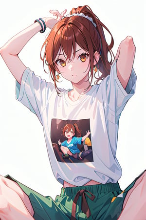 1girl,hori kyouko, brown_eyes, brown_hair, ponytail, baggy clothes,  t-shirt, sitting,  
defiant look at the viewer, photoshoot, serious, model, studio, inside, white canvas background, simple_background, relaxed pose, vogue,showing off his shirt, stretching his shirt,sport shorts