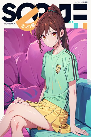1girl,25 years old,ponytail, sportswear, 
sport t-shirt, skirt, sitting ,from the front,crossed legs,
looking_at_viewer,no shadow,
serious, modeling pose, modeling, ,magazine cover,
showing her outfit, ,horimiya_hori, brown eyes, basic_background