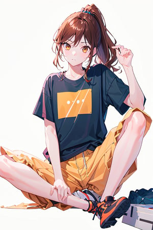 1girl,hori kyouko, brown_eyes, brown_hair, ponytail, baggy clothes, t-shirt, sitting,  
defiant look at the viewer, photoshoot, serious, model, studio, inside, white canvas background, simple_background, relaxed pose, vogue,showing off his shirt, stretching his shirt
