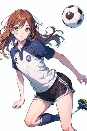 manga, 1girl, solo female, long hair, flat chest, sports clothing, playing soccer, soccer ball, jumoing, park, playing,wearing soccer_uniform,hori kyouko,,dolphin shorts, full_body, photoshoot, 25 years old, simple shadows, white_background