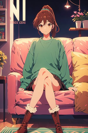 horimiya_hori,1girl ,brown eyes,
ponytail,magazine cover,modeling pose, foreground,oversized sweatshirt tucked under skirt,tight skirt,vintage boots,leg warmers,sitting,pov_eye_contact,crossed legs,sofa,
hand on face,puffed sleeves,Retro