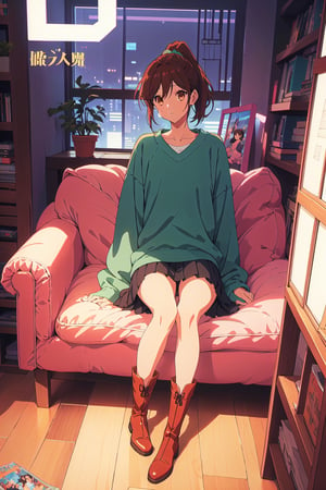 horimiya_hori,1girl ,brown eyes,
ponytail,magazine cover,modeling pose, foreground,oversized sweatshirt tucked under skirt,tight skirt,vintage boots,leg warmers,sitting,pov_eye_contact,sofa,
hand on face,puffed sleeves,Retro