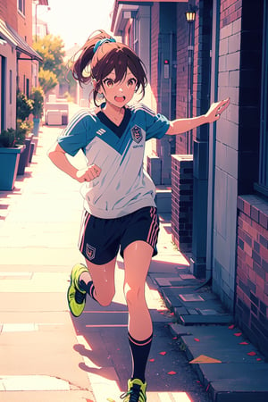 1girl,25 years old,ponytail,brown eyes,brown hair, sportswear, soccer short, soccer shirt, ankle boots, basic background, celebrating a goal, happiness,running, sweaty, full_body,portrait
