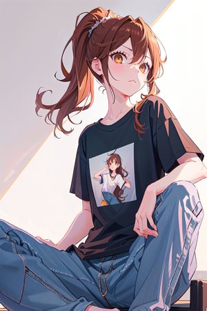 1girl,hori kyouko, brown_eyes, brown_hair, ponytail, baggy clothes, t-shirt, sitting,  
defiant look at the viewer, photoshoot, serious, model, studio, inside, white canvas background, simple_background, relaxed pose, vogue