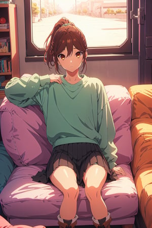 horimiya_hori,1girl ,brown eyes,
ponytail,magazine cover,modeling pose, foreground,oversized sweatshirt tucked under skirt,tight skirt,shorts under the skirt,vintage boots,leg warmers,sitting,pov_eye_contact,sofa,
hand on face,puffed sleeves,Retro,mature