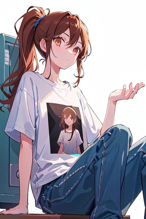 1girl,hori kyouko, brown_eyes, brown_hair, ponytail, baggy clothes, t-shirt, sitting,  
defiant look at the viewer, photoshoot, serious, model, studio, inside, white canvas background, simple_background, relaxed pose