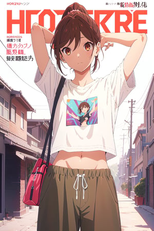 horimiya_hori,1girl ,brown eyes,
ponytail,magazine cover,modeling pose, foreground,pov_eye_contact,mature, 
standing,tight t-shirt size small, bare belly,retro baggy pants, white background,arms behind head