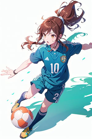 manga, 1girl, solo female, long hair, ponytail, brown eyes,sports clothing, playing soccer, soccer ball, jumoing, park, playing,wearing soccer_uniform,hori kyouko,,dolphin shorts, full_body, photoshoot, 25 years old, simple shadows, white_background