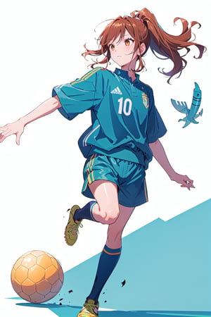 manga, 1girl, solo female, long hair, ponytail, brown eyes,sports clothing, playing soccer, soccer ball, jumoing, park, playing,wearing soccer_uniform,hori kyouko,,dolphin shorts, full_body, photoshoot, 25 years old, simple shadows, white_background